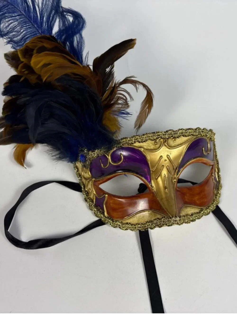 Vintage Mardi Gras Feather Mask | Hand Painted Paper Mâché Masquerade Mask
